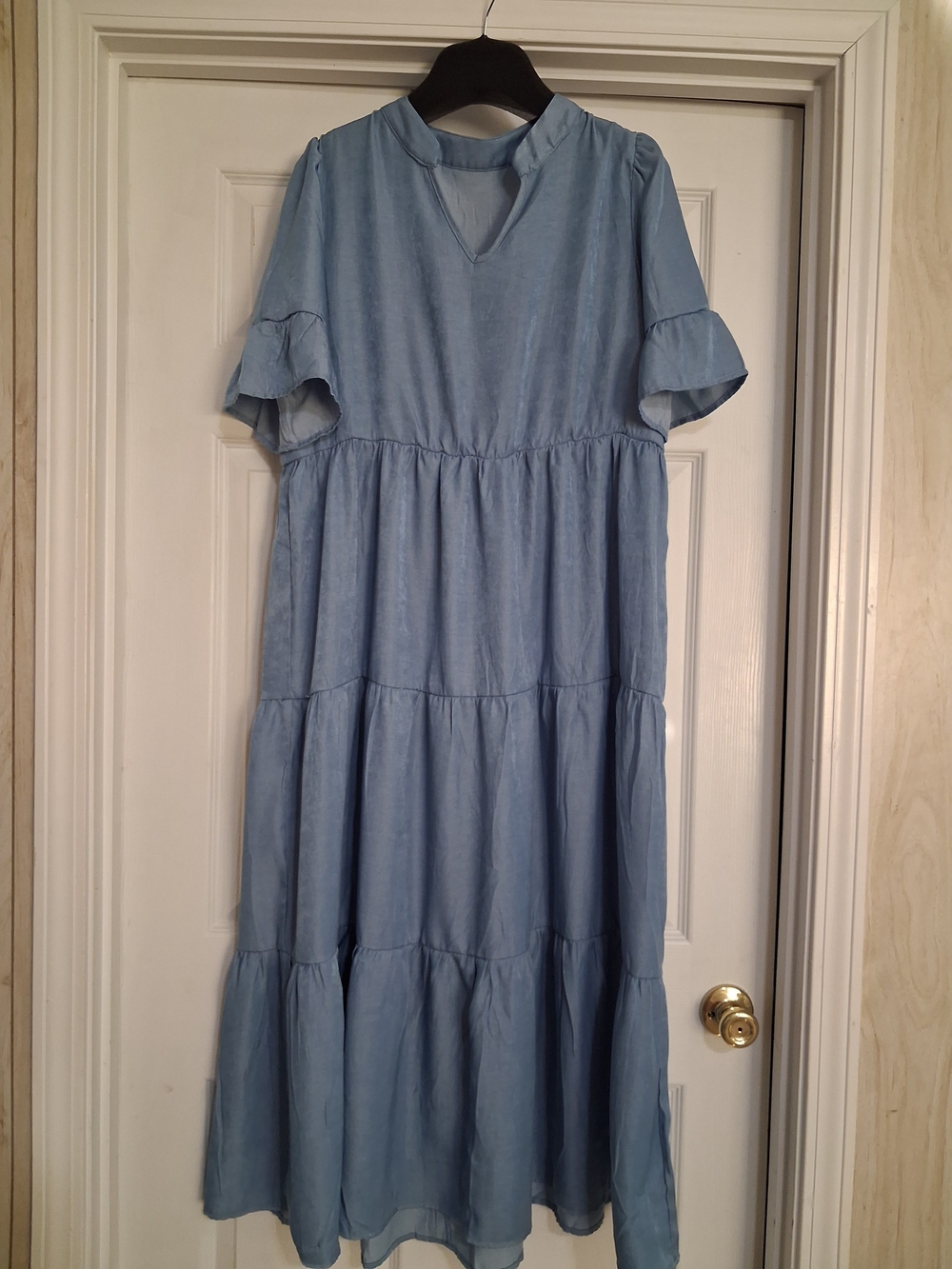 Light Blue Tiered Maxi Dress with Short Ruffle Sleeves